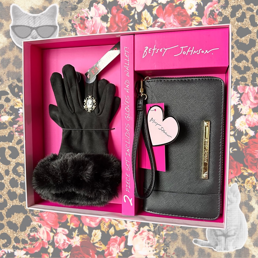 Betsey Johnson bejeweled and faux fur gloves with wallet gift set